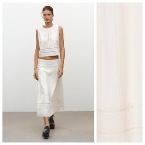 NWT. Zara ZW Collection Ecru Embroidered Flared Midi Skirt. Size L.